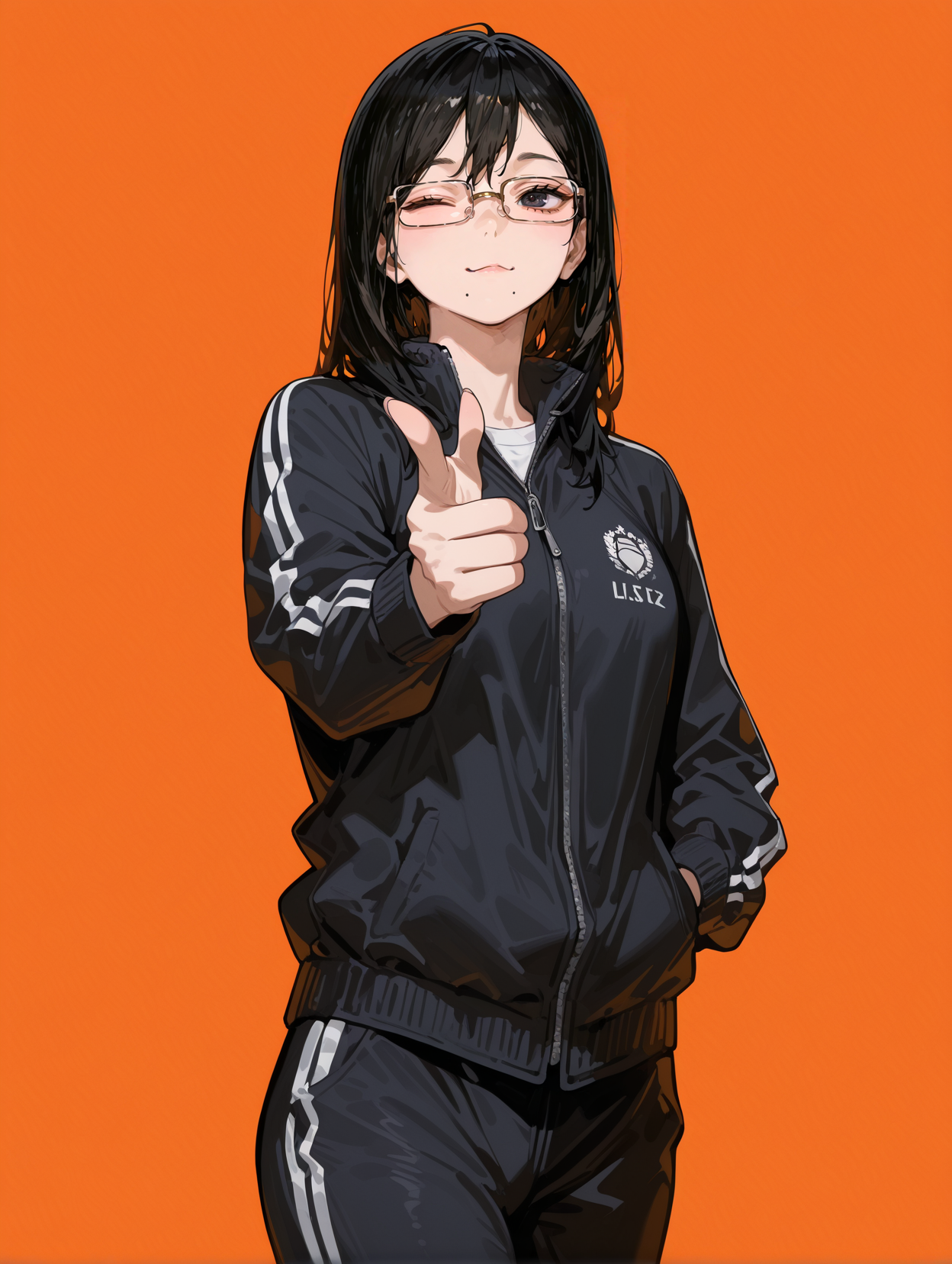 masterpiece,best quality,amazing quality,very aesthetic,absurdres,newest,
front view,full_shot,Wink,
ShimizukiyokoCYQL,1girl,solo,long hair,black hair,black eyes,glasses,semi-rimless eyewear,mole,mole under mouth,black jacket,track jacket,track suit,black pants,shoes,
full body,standing,finger_gun,,
orangered background,simple background,
usnr,748cmstyle,<lora:USNR STYLE_XL_loha:0.45>,<lora:DarkerThanBlackIllustrious:0.5>,<lora:spo_sdxl_10ep_4k-data_lora_webui:0.6>,<lora:illustrious_all_rated_v1:0.7>,<lora:748cmSDXL:0.8>,<lora:illustrious_quality_modifiers_masterpieces_v1:0.9>,<lora:ShimizukiyokoCYQL:1>,