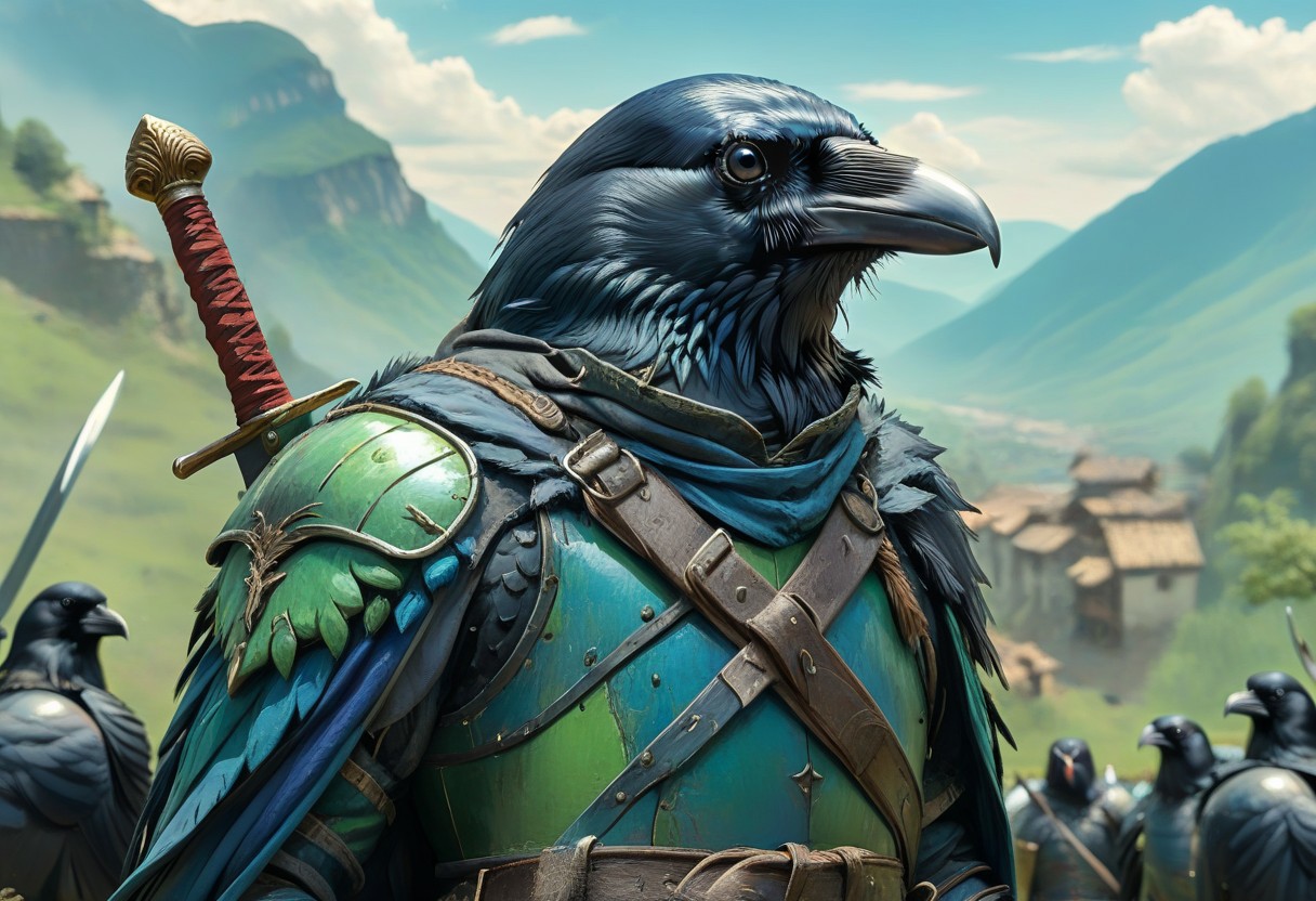 corvidfolk, holding a sword, blue and green armor, background sky over valley