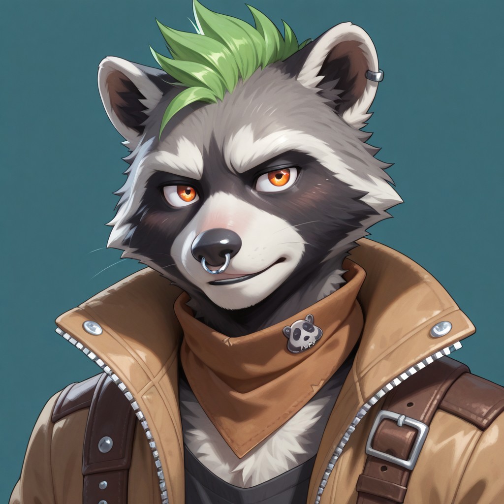 furry, solo anthro, male, Rufus,  raccoon,  black and grey fur, nose piercing, punk alt, green hair, orange eyes, brown neck bandana, light brown jacket,
BREAK (( bust portrait, dutch angle))