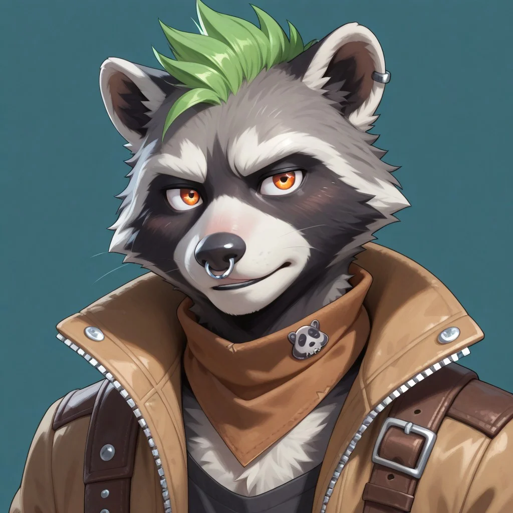 furry, solo anthro, male, Rufus, raccoon, black and grey fur, nose piercing, punk alt, green hair, orange eyes, brown neck bandana, light brown jacket,
BREAK (( bust portrait, dutch angle))