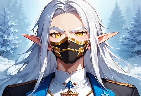 (masterpiece), (best quality), source_anime+, perfect anatomy, HD, 10k Res, digital_media_(artwork) hi_res, intricate, high quality, amazing quality, Expressive Face, (1boy, Gold Eyes, (Gold Face Mask), Not Handsome, Average, ((White Hair, White Eyebrows) Long Hair, Thick Hair, Twenty Years Old, Frost_Elf)), Drestoria-Style_V1, semi-realism, nose