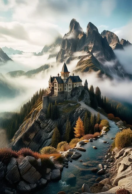 their peaks veiled in mist. mixed media, surrealism, great lighting, A surreal landscape highly detailed . extremely high-resolution details,  appears trapped in an optical illusion of reflections and refractions colorful , professional photography, natural lighting, GhostlyStyle, volumetric lighting maximalist. intricately detailed, complex, elegant, expansive, fantastical, film photography style,  medium grain, lthndrtrl