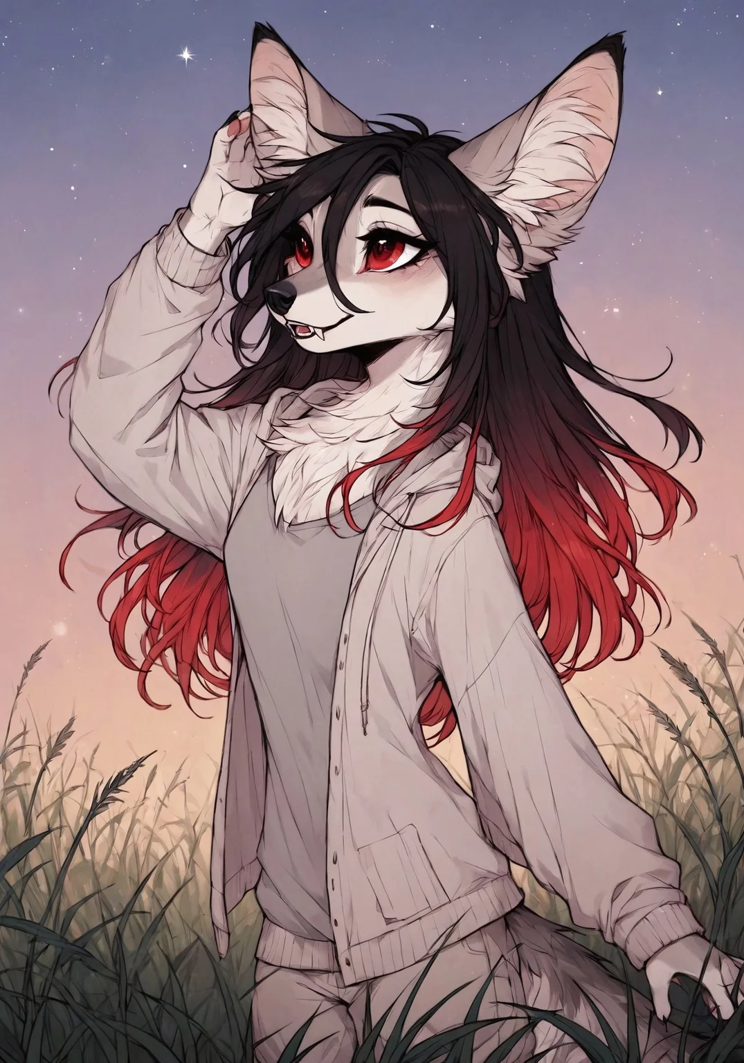 score_9_up, score_8_up, score_7_up, score_6_up, source_furry, (best quality:1.1), ultra-detailed, high resolution, highly detailed macro illustration, solo BREAK 1girl, Rixa, anthro, female, (gray and white fur), animal ears, black ear tips, thin black eyebrows, black animal nose, (beautiful red eyes:1.4), (long eyelashes:1.2), (black hair, red tipped hair), striped fluffy tail, slim, fangs, (happy expression, cute face:1.2), hoodie, chains BREAK outside, standing on a hill at night, looking up at the starry sky, arms raised, stars reflecting in her eyes, glowing stars, deep blue sky, gentle breeze, soft moonlight, dynamic pose BREAK outside, grass, nature BREAK sharp focus, perfect lighting, anatomically correct, extremely detailed, high detail, detailed background,