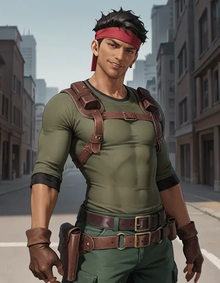 masterpiece, best quality, newest, perfect quality, best quality, detailed background, intricate details, male focus, realistic, solo, <lora:FF7 - Biggs - Illustrious-000007:0.7>, 7biggs, dark skin, 1boy, black hair, short hair, brown eyes, stubble, red headband, single earring, green shirt, harness, holster, belt, brown gloves, fingerless gloves, green capri pants, head tilt, looking at viewer, smirk, outdoors, city