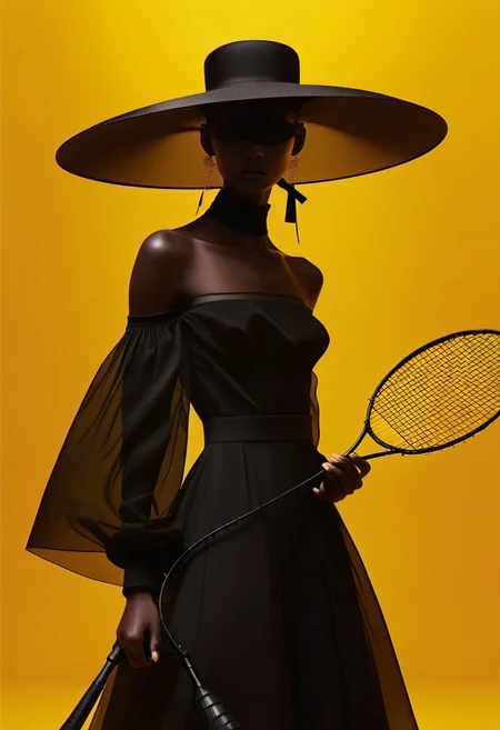 aaAR7fl,masterpiece,highres,best quality,best aesthetic, intriguing details, Yohji Yamamoto fashion campaign, haute couture,1girl, solo, off shoulders, glowing necklace, see-through, blindfold, wide brim hat, swing a badminton racket, yellow gradient background, in style of Tim Walker, black Organic-shaped dress, explicit, dynamic,