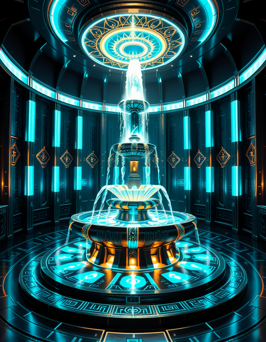 The center of a high-tech, alien temple-laboratory, where dark metallic walls shimmer under the glow of cyan vertical light tubes and faint sacred runes. In the middle of the chamber lies an elaborate biomechanical fountain, rising like an altar from a circular platform of engraved metal. The fountain pulses with iridescent liquid light, flowing in gravity-defying streams that spiral upward before cascading back into a glowing basin etched with ritual patterns. Bioluminescent veins run through the structure, illuminating the surrounding floor like circuitry. Overhead, a radiant, halo-like design casts a celestial glow, enhancing the surreal, sanctified atmosphere. The space exudes a fusion of sacred ceremony and alien technology, as if the fountain were a source of divine power worshipped by another world.
<lora:high-tech_alien_temple_f0unt41n:1>,high-tech alien temple f0unt41n,<lora:SDXLFaeTastic2400:0.4> <lora:extremely_detailed:0.4> extremely detailed, Masterpiece,best quality,hi res,8k,hi res,8k,award winning,(sharp focus, intricate, highly detailed),