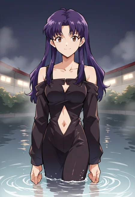 score_7, score_8_up, score_7_up, source_anime, 1girl, solo, looking at viewer, EPngeKatsuragiMisato, purple hair, brown eyes, long hair, , 1girl, black dress, off shoulder, navel cutout, collarbone ,dress, long sleeves, smile, standing, wading, in water, water, dark, night, darkness, fog, obscure, will-o'-the-wisp \(mythology\), <lora:EPngeKatsuragiMisatoPony-06:1.0>