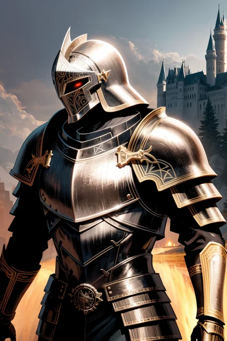 ((realistic)), cinematic shot, movie theater, photo referenced, highest quality, high quality, (detailed face and eyes:1.1), a huge man knight wearing a heavy black armor, ((intricate helmet)), face mask armor, ((big eyes)), black sclera, in the countryside, black eyes, subsurface scattering, intricate (high detail), ((cute)), (detailed skin:1.1), shiny skin, photorealism, volumetric lighting, magic circles, magic runes in armor, a castle in the background,