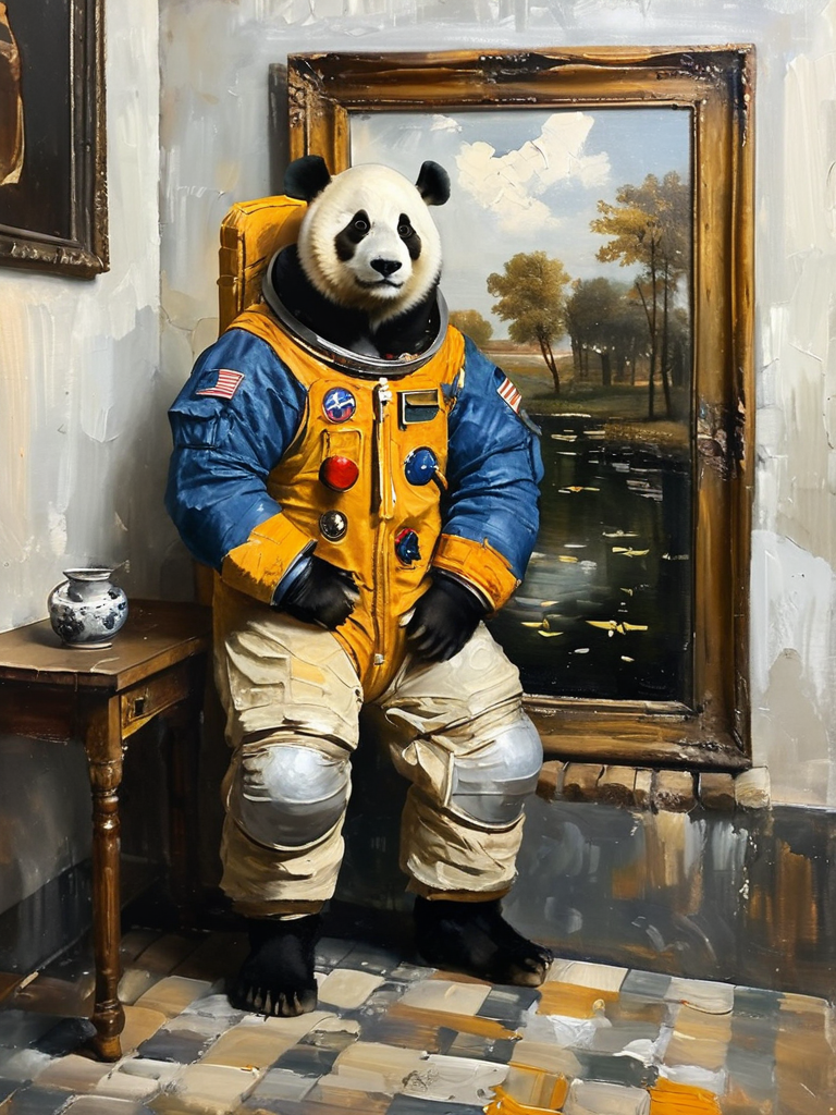 masterpiece,best quality,<lora:tbh122-sdxl:0.9>,portrait of panda astronaut,oil painting,style of Jan Vermeer,