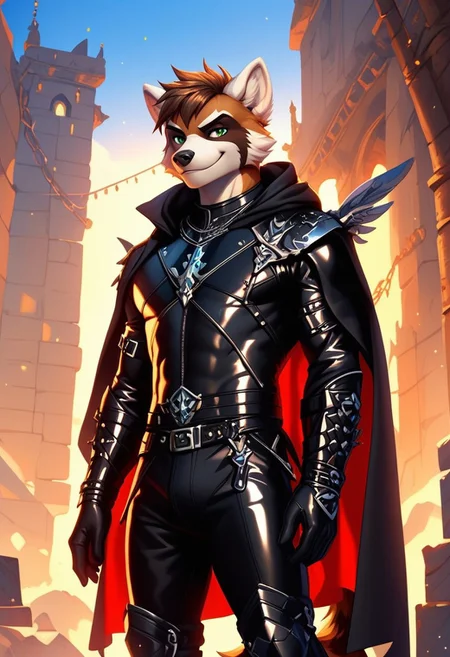 score_9, score_8_up, score_7_up,score_9, score_8_up, score_7_up, ((cowboy shot)), jail cell, standing, BREAK, ((High fantasy art style)), solo, male, anthro raccoon, black hooded cloak, (black leather breastplate), black leather greaves, black leather pauldrons, black leather boots, brown hair, ((detailed green eyes)), ((Masterpiece), (absurdres), (shadowy), (mysterious), ((smirking))