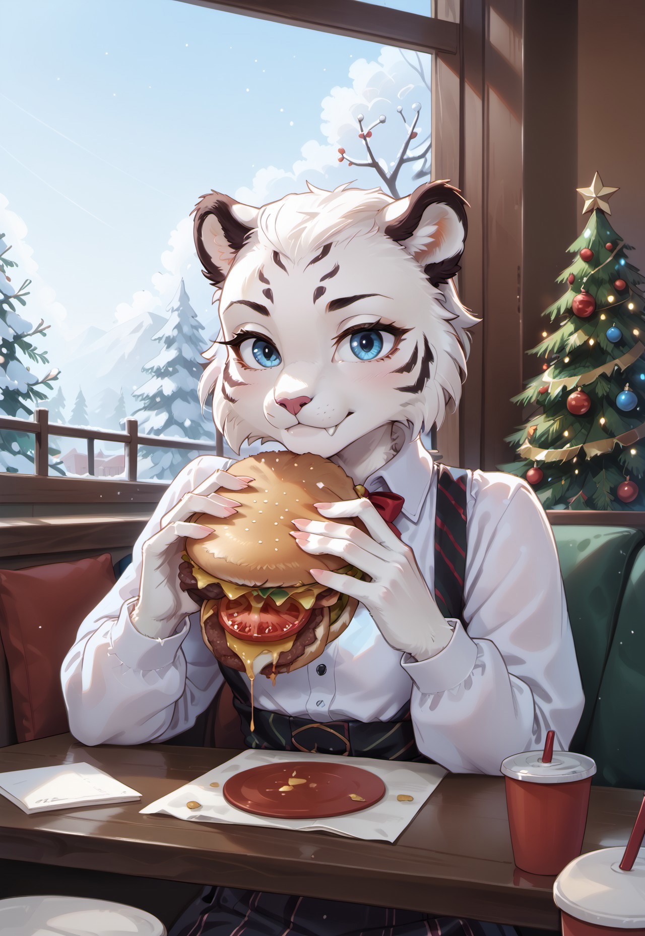 safe_pos, score_9, score_8_up, score_7_up, highres, high quality, perfection, masterpiece,
indoors, cafe, winter, christmas decorations,
1girl, solo, no humans,
furry female, (anthro white_tiger girl: 1.2), detailed fur, (white fur: 1.75), one-tone fur, tiger stripes, beautiful girl, cute girl, young adult, youthful, (bald girl, bald head, hairless, no hair), petite girl, detailed face, beautiful face, innocent face, eyelashes, perfect eyes, detailed eyes, blue eyes, small breasts, long tail, innocent face,
clothed, white shirt, untucked shirt,
sitting at table, across table,
eating, burger, looking at viewer, upper body, burger malfunction,