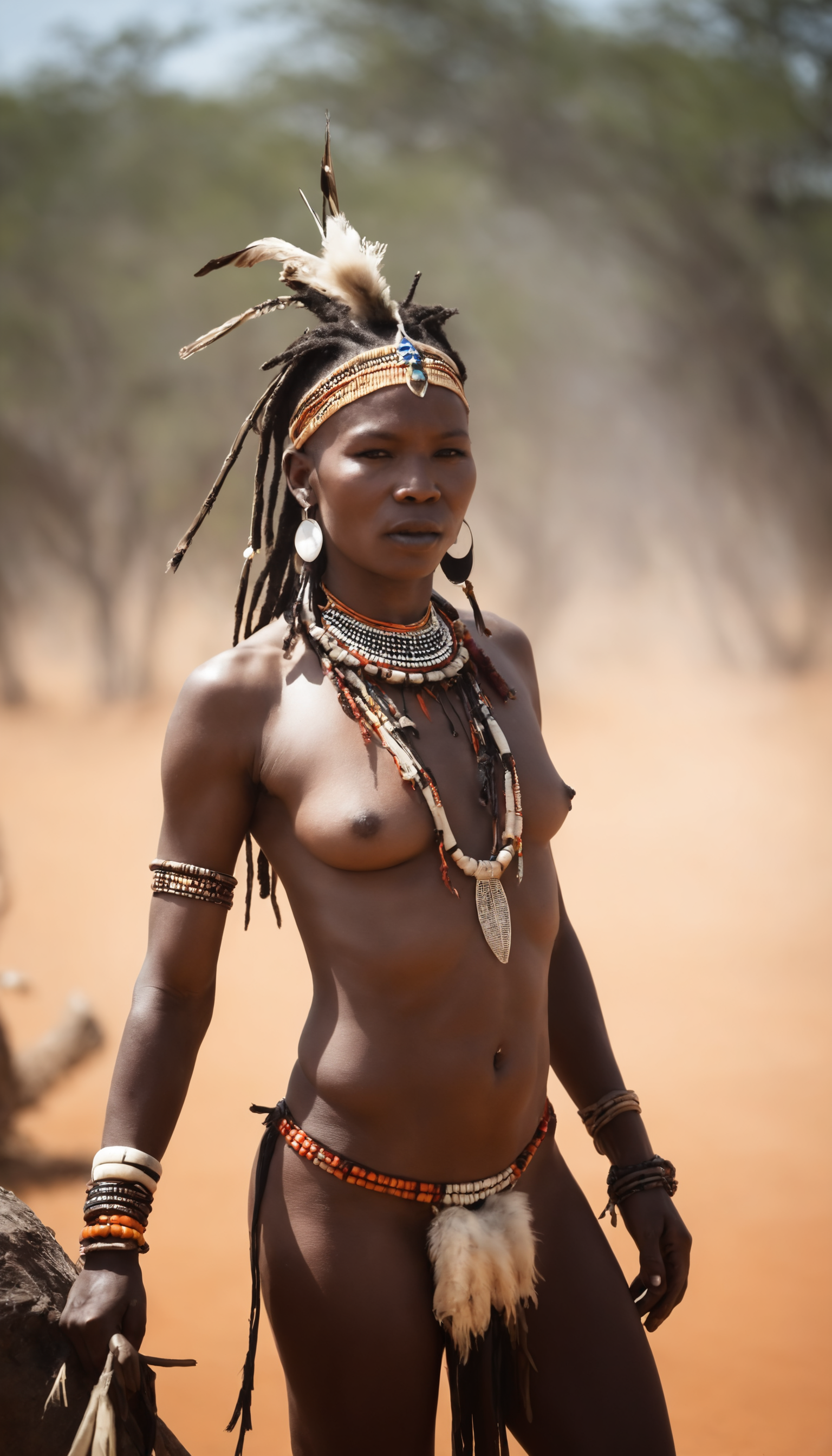 topless female, shaman, africa, zavy-cnmtc, athmospheric haze, moody, savage, wild, tribe, natural light,
