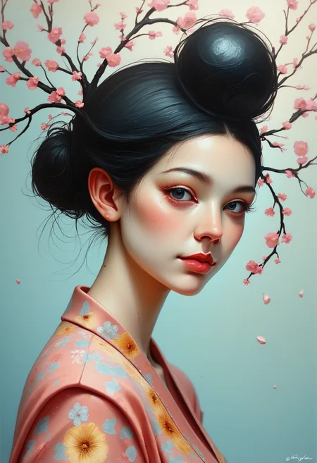score_9, score_8_up, score_7_up, score_6_up, score_5_up, score_4_up, realistic, A close-up portrait of a Japanese woman with porcelain skin and long, silky black hair styled in a traditional bun. Her delicate features are highlighted by subtle makeup, and she wears a floral kimono in soft pastel colors. Her serene expression exudes a quiet strength. , backlight, cinematic photoshot <lora:ponys-dream:.9>