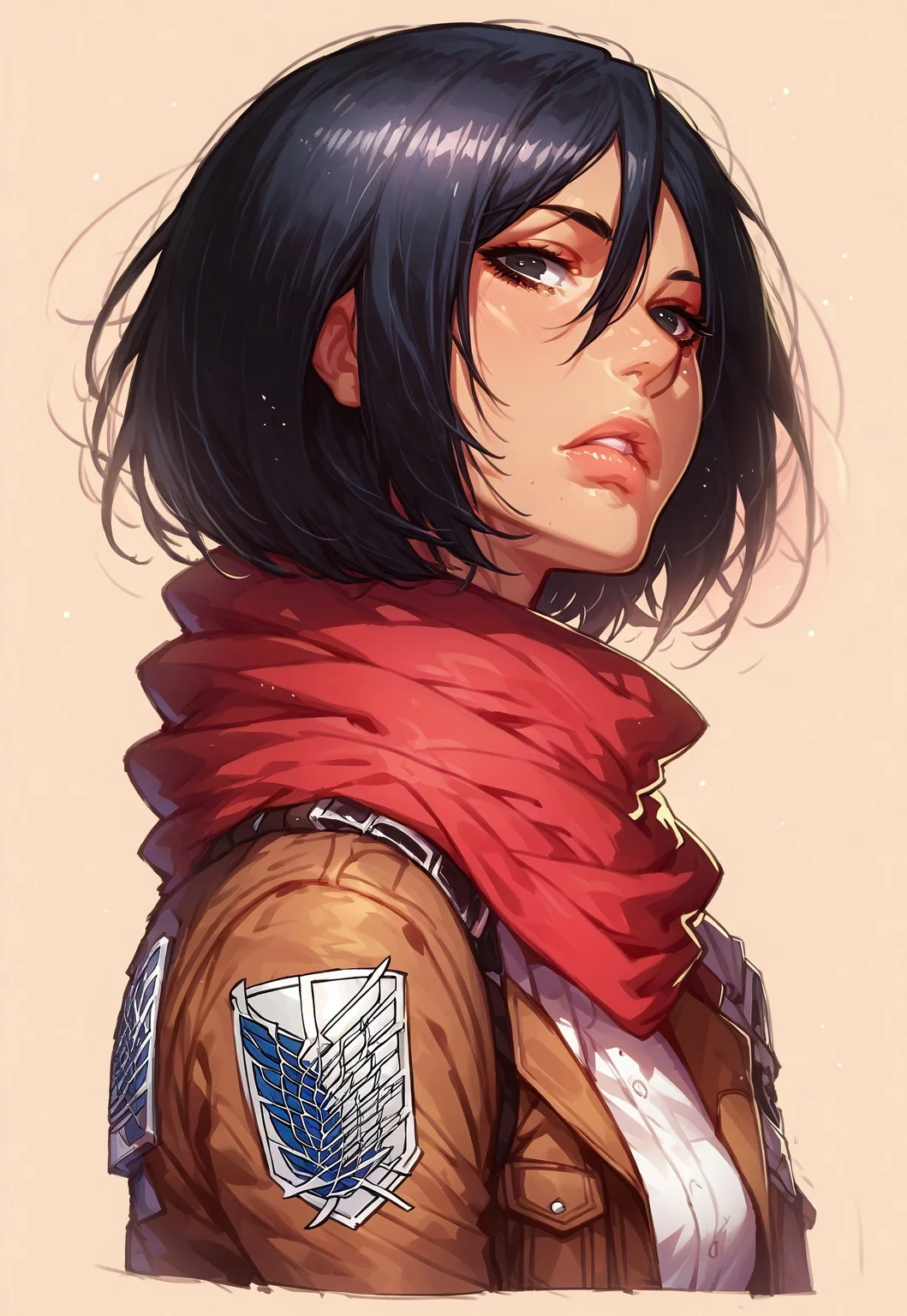 score_9, score_8_up, score_7_up, sinozick style, 1ly4, 1girl, mikasa ackerman, black eyes, black hair, short hair, white shirt, thigh strap, open cropped brown jacket, red scarf, survey corps \(emblem\), bust portrait, parted lips, looking at viewer