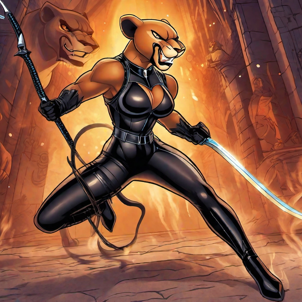 detailed cartoon drawing of a smooth, elegant, powerful, (muscular:1), sexy, (Beyonce:0.5) as a flirting posing dominant powerful  (catwoman:1) wearing a (cyber suit:1) and a catwoman mask, <lora:nala-SDLX-flexible:1.0>  nala (lioness:0.6) , snarling, angry, whipping, (holding a bullwhip:1), inside a science fiction dungeon, epic volumetric lighting, film grain, centered, full body, (masterpiece, best quality, highres, photo-referenced:1.1), (science fiction:1.1), sparkling eyes, caustics, (character focus), (perfect anatomy:1.2), (realistic, photorealistic:1.5), seen from below, elegant, tight fitting, (science fiction:1) (digitigrade:1.4), big (breasts:1), nipples , drawing, animated,