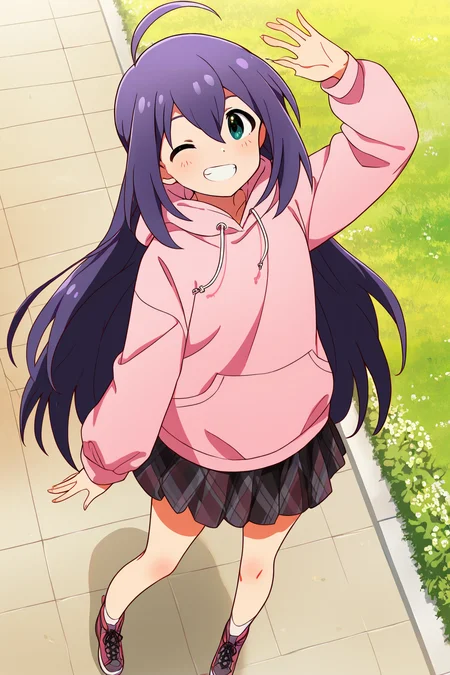 masterpiece,best quality,very aesthetic,absurdres,highres,newest,official art,official style,
1girl,solo,
mochizuki anna,purple hair,green eyes,ahoge,
pink hoodie,skirt,hoodie,
<lora:eye_focus_illus:1>,eye_focus,
standing,full body,
<lora:idolmaster_mochizuki_anna_ill_v1.0:1>,