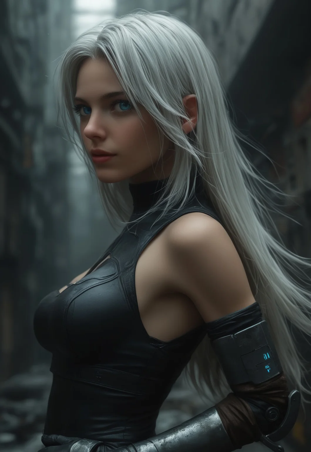 safe_pos, score_7_up, HD 32K, 8K, perfect hands, detailed face, realistic skin texture, face in sharp focus, BREAK closeup portrait of girl, a2_\(nier:automata\), 1girl, gloves, white_hair, long_hair, elbow_gloves, breasts, black_gloves, blue_eyes, android, joints, thighhighs, blue eyes,
Background: A futuristic, post-apocalyptic cityscape with crumbling skyscrapers and overgrown vegetation. The sky is a mix of dark clouds and faint sunlight breaking through, casting dramatic shadows. In the distance, abandoned machinery and rusted robots litter the streets. The air is filled with a sense of desolation and the remnants of a once-thriving civilization.
Additional Details: The girl's android features are subtly highlighted, with visible joints and mechanical details that blend seamlessly with her human-like appearance. Her white hair flows gently in the breeze, and her blue eyes reflect the desolate landscape behind her. The gloves and thigh-highs are made of a sleek, futuristic material that shimmers slightly in the dim light.
(((((upper body))))), dynamic pose
<lora:Dynamic Poses:1>
<lora:detailed_notrigger:1>