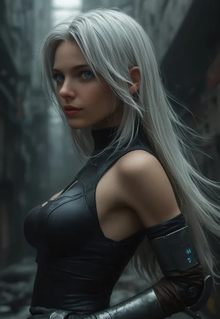 safe_pos, score_7_up, HD 32K, 8K, perfect hands, detailed face, realistic skin texture, face in sharp focus, BREAK closeup portrait of girl, a2_\(nier:automata\), 1girl, gloves, white_hair, long_hair, elbow_gloves, breasts, black_gloves, blue_eyes, android, joints, thighhighs, blue eyes,
Background: A futuristic, post-apocalyptic cityscape with crumbling skyscrapers and overgrown vegetation. The sky is a mix of dark clouds and faint sunlight breaking through, casting dramatic shadows. In the distance, abandoned machinery and rusted robots litter the streets. The air is filled with a sense of desolation and the remnants of a once-thriving civilization.
Additional Details: The girl's android features are subtly highlighted, with visible joints and mechanical details that blend seamlessly with her human-like appearance. Her white hair flows gently in the breeze, and her blue eyes reflect the desolate landscape behind her. The gloves and thigh-highs are made of a sleek, futuristic material that shimmers slightly in the dim light.
(((((upper body))))), dynamic pose
<lora:Dynamic Poses:1>
<lora:detailed_notrigger:1>
