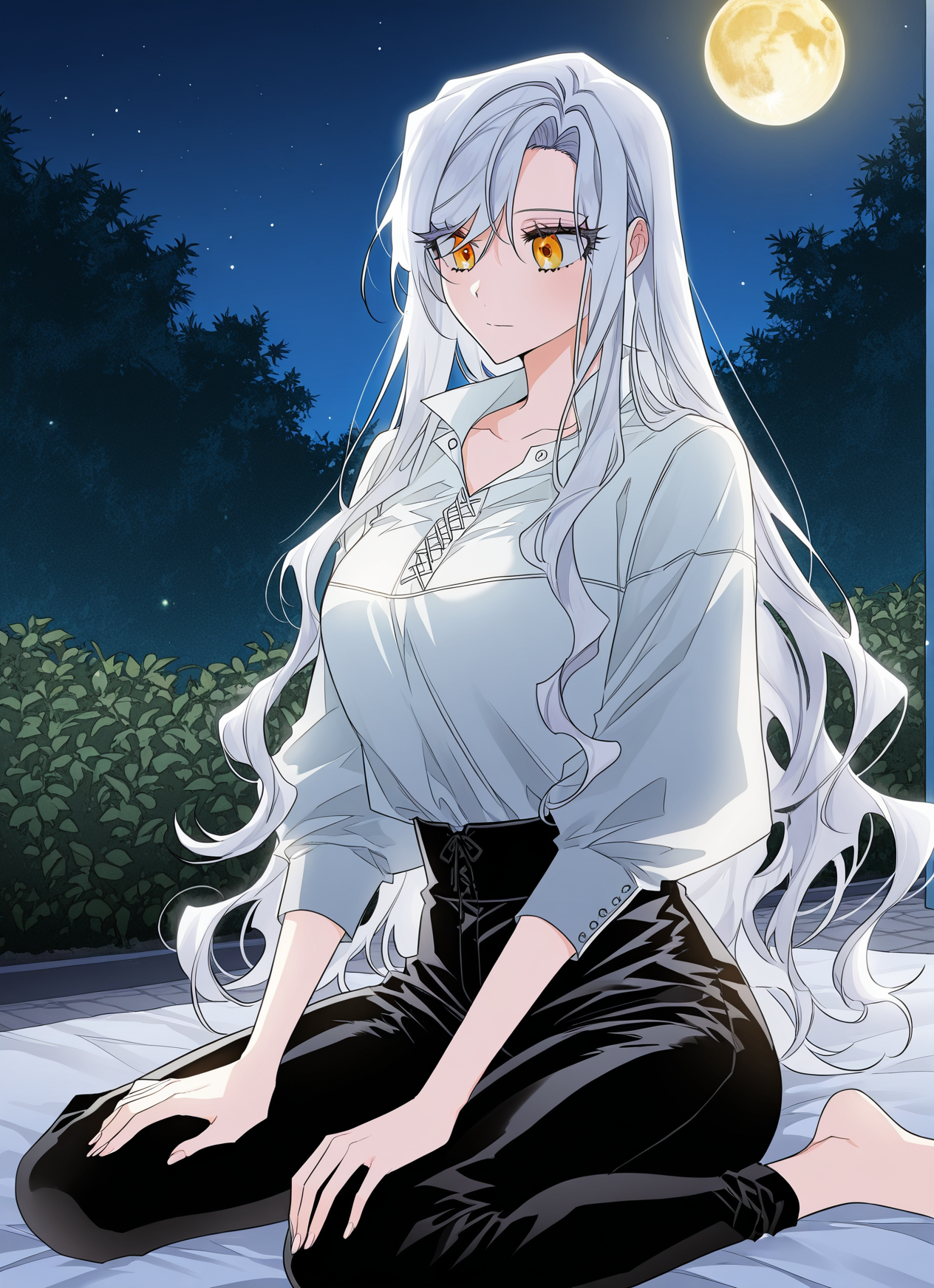 <lora:Sigrid__Sigrid__Illustrious v2:1>
Sigrid, 1girl, solo, long white hair, golden eyes, white blouse, black pants, casual outfit, beautiful, relaxed pose, slim athletic body, flowing hair, sigrid_white_casual_outfit
score_9, score_8_up, score_7_up, masterpiece, best quality, absurdres, perfect anatomy, 1girl, solo, wariza, sitting, hands on own knees, garden background, night, golden moon,