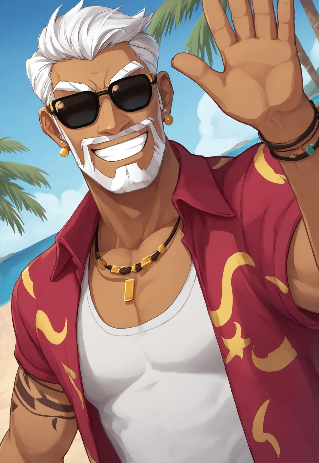 score_9, score_8_up, CobraDTD, tan skin, red shirt with banana pattern, muscular, white tank top, earrings, white hair, facial hair, beard, necklace, sunglasses, short hair, upper arm tattoo, bracelet, looking at viewer, closed mouth, smile, upper body, beach paradise, dynamic pose, palm trees, dutch angle, waving,