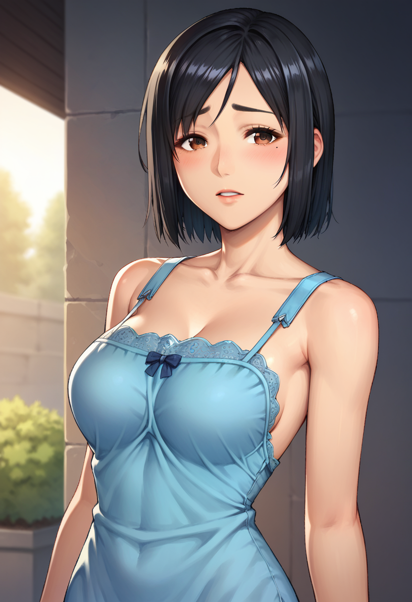 score_9, score_8_up, score_7_up, source_anime,1girl, 
rpkmanaka, short hair, brown eyes, black hair, camisole, mole under eye, mole, <lora:KiryuManaka-PonyV2-000020:0.8> one-piece dress, 
 large breasts,