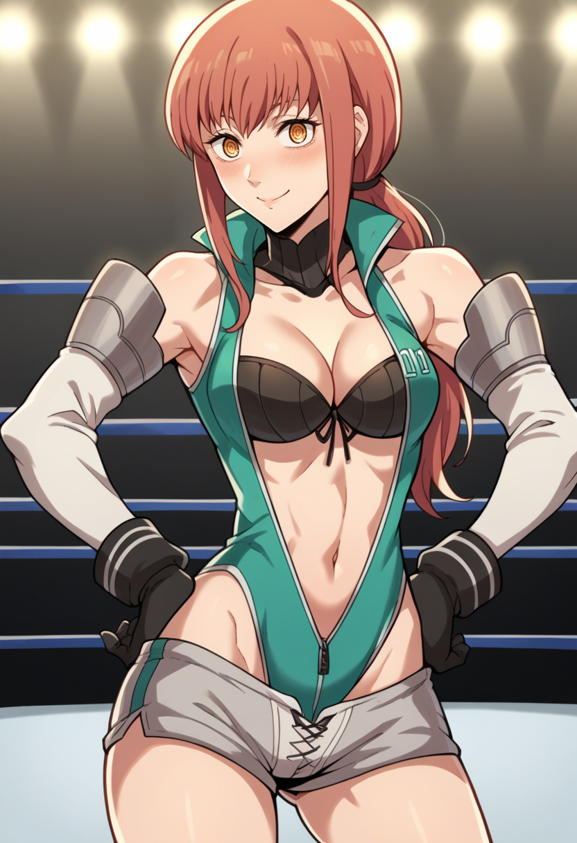 score_9, score_8_up, score_7_up, source_anime BREAK 1girl, solo,
 <lora:mak1ma0XL_Pony_v1:1> mak1ma0, red hair, long hair, low ponytail, ringed eyes, large breasts, blush
<lora:zs_FighterArmorXL:1> p4fighterarmor, leotard, cleavage, navel, shorts, sleeveless, gloves, knee boots, choker,
cowboy shot, looking at viewer, hands on hips, wrestling ring, gym, arena, seductive smile, closed mouth