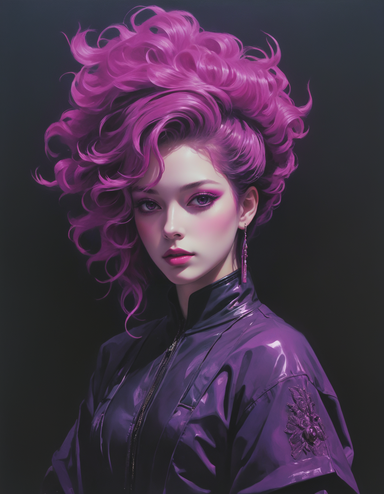 by Anita Kunz,  (vaporwave aesthetic, dark palette, highly professional, dramatic lighting, extremely beautiful:1.4), (intricate details, masterpiece, best quality:1.4),
NeonPunk style, cyberpunk, vaporwave, neon, vibes, vibrant, stunningly beautiful, crisp, detailed, sleek, ultramodern, magenta highlights, dark purple shadows, high contrast, cinematic, ultra detailed, intricate, professional,  looking at viewer, dynamic pose
<lora:add-detail-xl:1> <lora:xl_more_art-full_v1:0.5> <lora:looking_at_viewer:2>  <lora:NicolaSamori:0.5> in the style of Nicola Samori