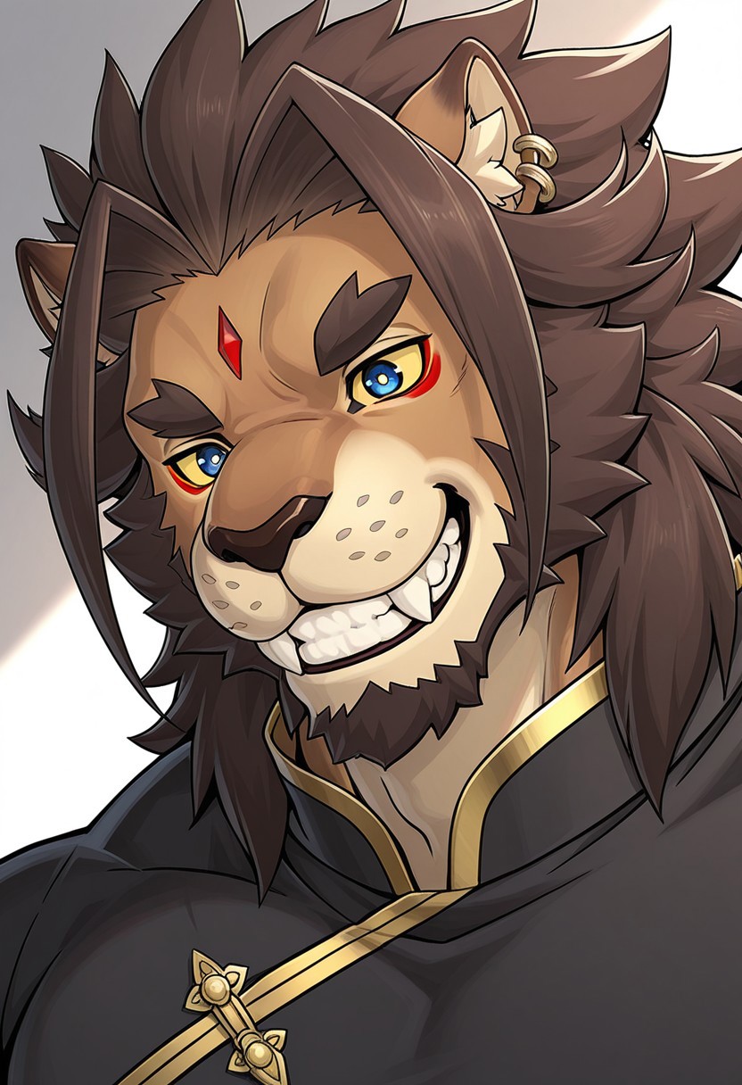 barong (tas), lion boy, third eye (marking), forehead jewel, yellow sclera, blue eyes, gold jewelry, piercing, nose piercing, grin, furry, muscular, dynamic angle, face focus, portrait, black shirt, long sleeves, chinese clothes, BREAK masterpiece, best quality, amazing quality, very aesthetic, high resolution, 4K, extremely-detailed, depth of field, separate focus, newest, detailed background, detailed fur, detailed muscles, cinematic lighting