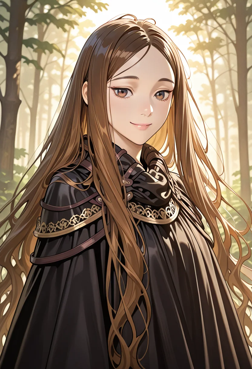 (Chun-Hyang), looks at side, masterpiece, best quality, ultra-detailed, highly detailed, hyper-realistic, smile
1girl, beautiful young woman, porcelain skin, (black cloak), golden and green embroidery
long chestnut-brown hair, flowing hair, silky hair, brown eyes,
forest glade, soft golden sunlight, serene atmosphere, 
realistic lighting, natural colors, high contrast, sharp focus, 
vibrant greens, earthy browns, dreamlike, magical, ethereal, 
breathtaking, captivating, intricate details, immersive, enchanting