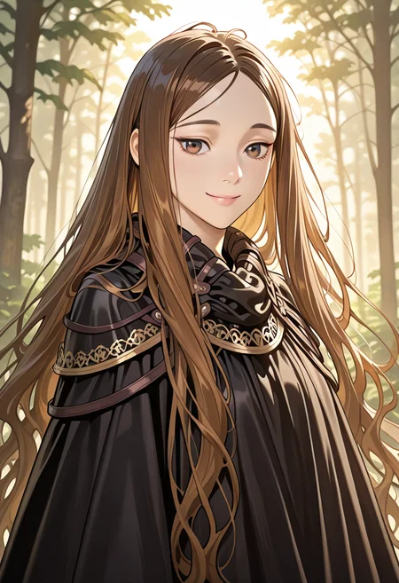 (Chun-Hyang), looks at side, masterpiece, best quality, ultra-detailed, highly detailed, hyper-realistic, smile
1girl, beautiful young woman, porcelain skin, (black cloak), golden and green embroidery
long chestnut-brown hair, flowing hair, silky hair, brown eyes,
forest glade, soft golden sunlight, serene atmosphere,
realistic lighting, natural colors, high contrast, sharp focus,
vibrant greens, earthy browns, dreamlike, magical, ethereal,
breathtaking, captivating, intricate details, immersive, enchanting