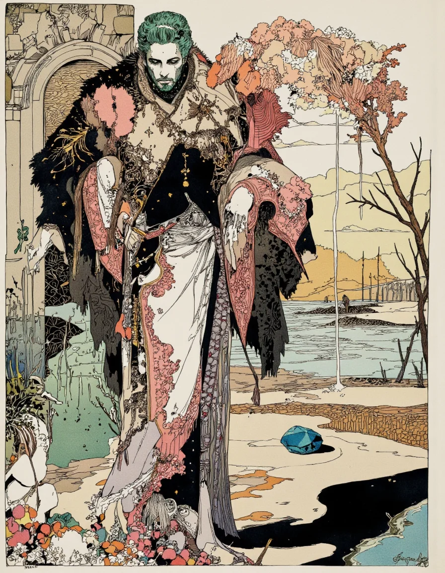 Art by Akiya Kageichi. A vintage illustration from the side about a stylized illustration of a male figure in elaborate attire, standing in a contemplative pose, surrounded by intricate patterns and vibrant colors. the figure, positioned in the middle of the image, appears to be a man with green hair and a beard, wearing a long, ornate robe with intricate patterns in shades of black, white, and pink. he is standing with his back to the viewer, looking down, with a serene expression on his face. the robe is intricately designed with a mix of textures and patterns, including floral motifs, geometric patterns, and floral elements. the background features a detailed, abstract landscape with a stone archway and a small garden with various plants and flowers, as well as a blue gemstone in the bottom right corner. the image is signed "Lapis" at the bottom.