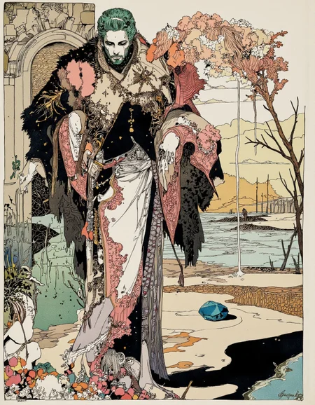 Art by Akiya Kageichi. A vintage illustration from the side about a stylized illustration of a male figure in elaborate attire, standing in a contemplative pose, surrounded by intricate patterns and vibrant colors. the figure, positioned in the middle of the image, appears to be a man with green hair and a beard, wearing a long, ornate robe with intricate patterns in shades of black, white, and pink. he is standing with his back to the viewer, looking down, with a serene expression on his face. the robe is intricately designed with a mix of textures and patterns, including floral motifs, geometric patterns, and floral elements. the background features a detailed, abstract landscape with a stone archway and a small garden with various plants and flowers, as well as a blue gemstone in the bottom right corner. the image is signed "Lapis" at the bottom.