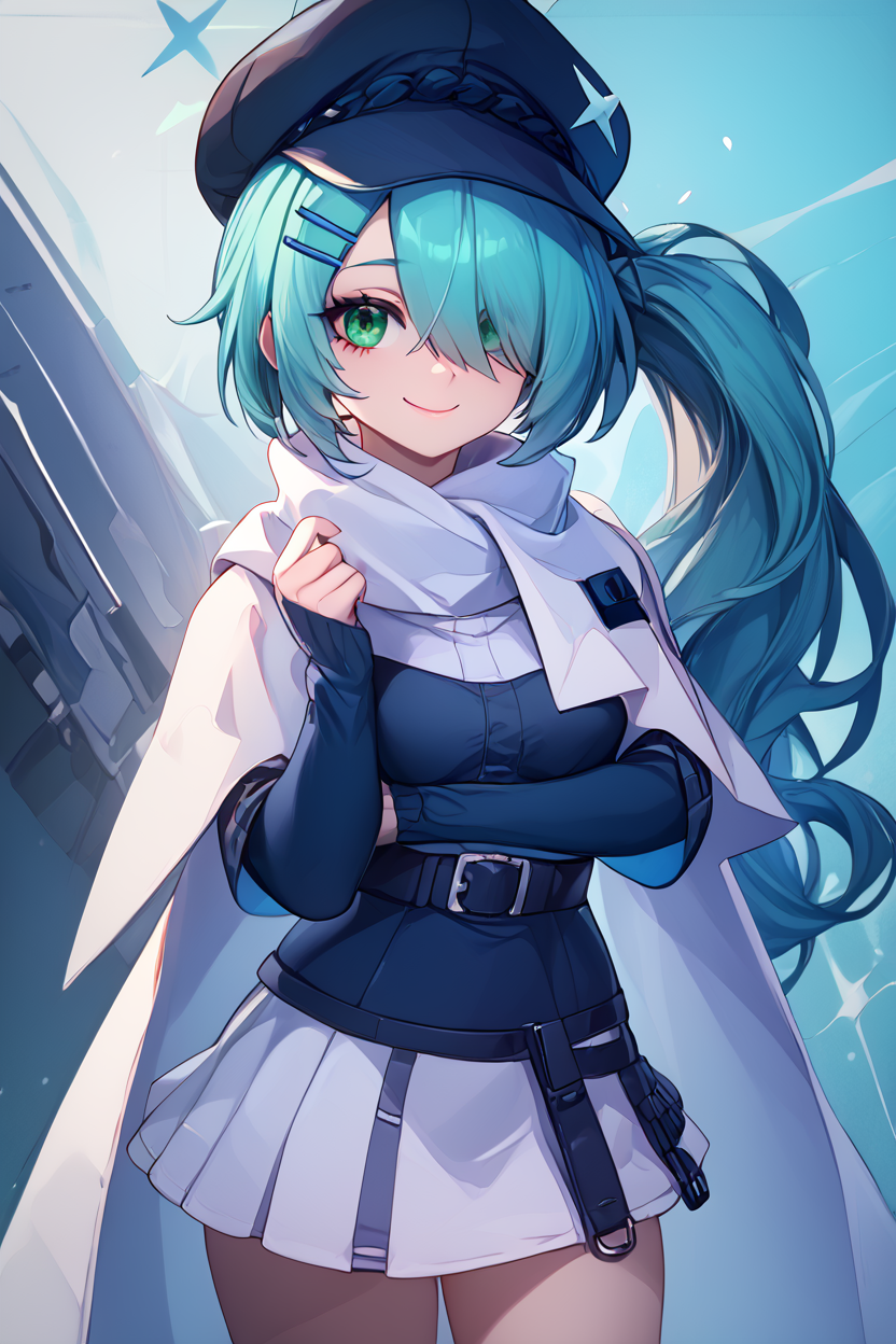 score_9, score_8_up, score_8, medium breasts, (curvy), cute, eyelashes,       BREAK, , ,,,  zzHiyori, long hair, hair over one eye, side ponytail, hairclip, hair ornament, aqua hair, green eyes, black headwear, hat, cabbie hat, long sleeves, white skirt, belt, white scarf, <lora:Hiyori_BlueArchive_PDXL_v2:0.8>,   ,,,, BREAK, closed mouth, smile, looking at viewer, zzLFashion, cowboy shot, ,,, embedding:zPDXL, Expressiveh, ,,, <lora:Vivid:0.7>, <lora:LFashionPDXL:1>, <lora:Uncensored_PonyXL_cpt_v02.09:0.4>, <lora:Expressive_H-000001:0.4>,