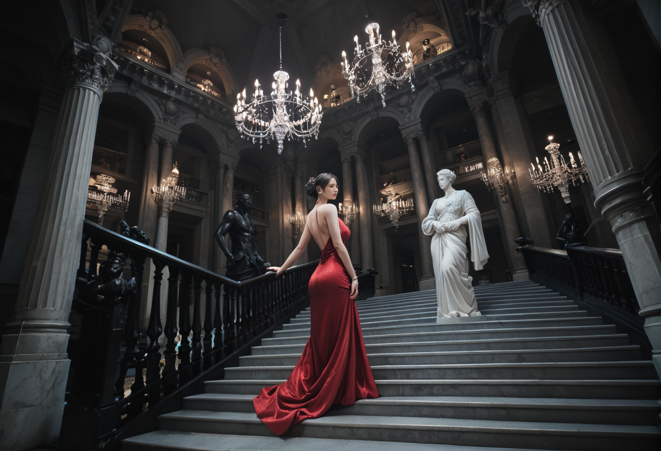 ,ruanyi0762,chandelier,statue,indoors,pillar,stairs,1girl,solo,evening gown,full body,<lora:0762 opera house_v1_pony:1>, score_9,score_8_up,score_7_up,,8k,1girl,solo,