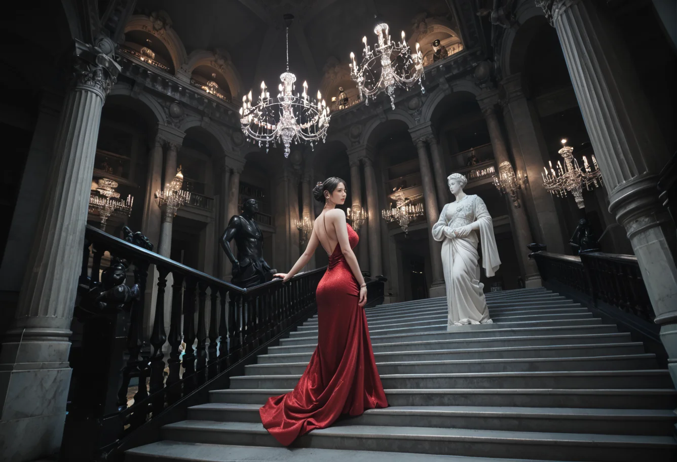 ,ruanyi0762,chandelier,statue,indoors,pillar,stairs,1girl,solo,evening gown,full body,<lora:0762 opera house_v1_pony:1>, score_9,score_8_up,score_7_up,,8k,1girl,solo,