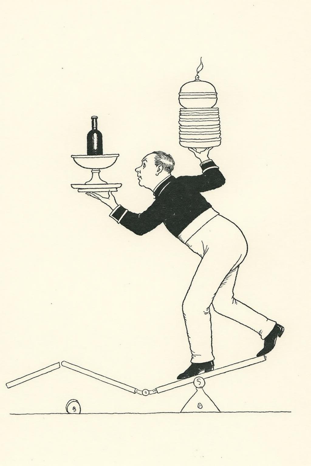 whrob1 illustration. 
A man is balancing on a narrow, horizontal beam, reminiscent of a tightrope or balance beam. The man is positioned at the rightr side of the image, facing left. He is wearing a dark-colored waiter's jacket with a high collar, white pants, and black shoes. He is walking while traing to balance stack of plates and other serving items. <lora:whrob1_cap_d6a3e11:1.0><lora:828457032282668654:0>