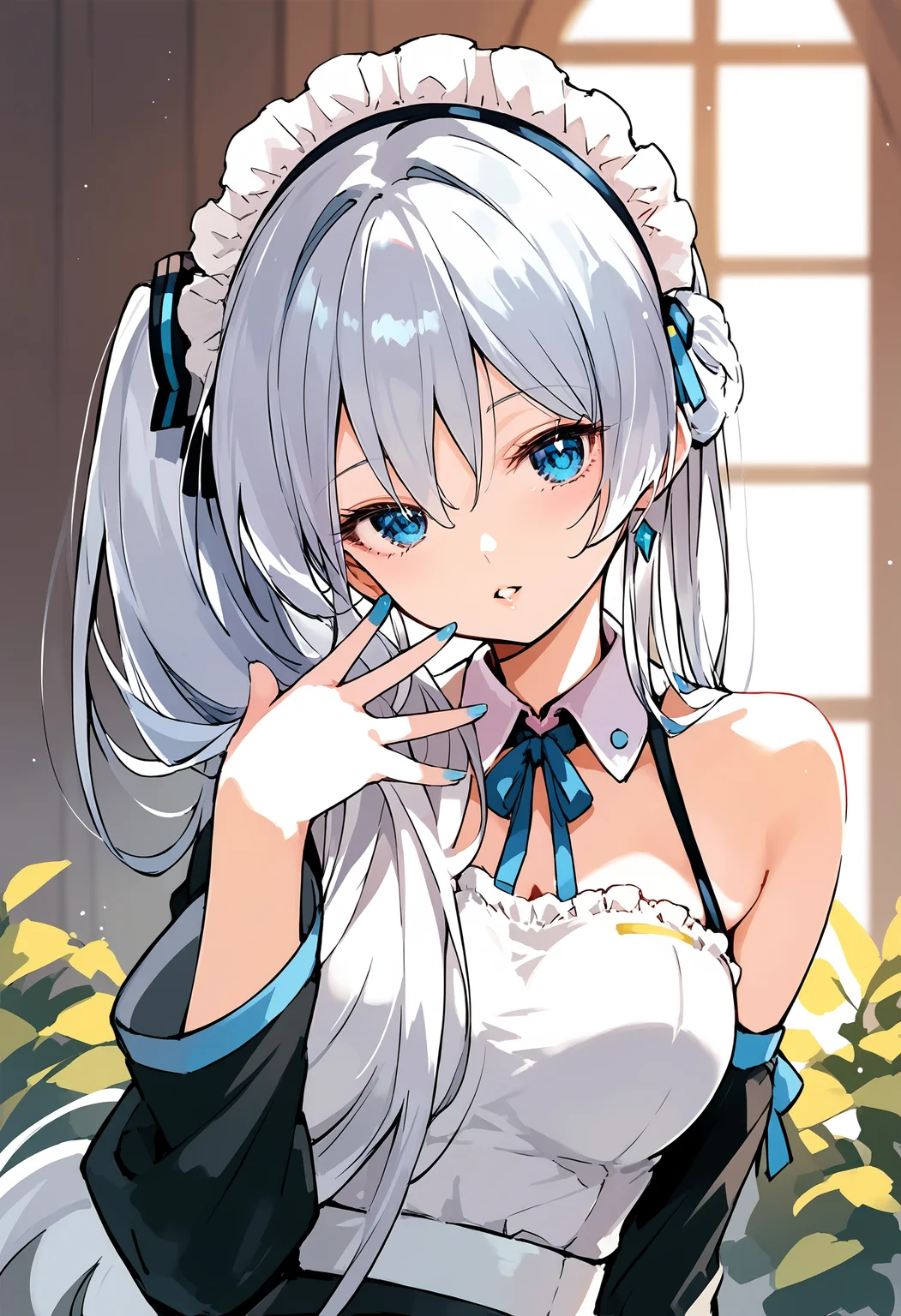 score_9, score_8_up, score_7_up,source_anime,rating_explicit,uncensored,anatomically correct,best perspective BREAK
<lora:sidetail_miku_noodle_stopper_2:1> side ponytail long hair
<lora:lihua:0.8> lihua, maid headdress,silver hair, blue eyes, long hair, 1girl,oval face, parted lips,
