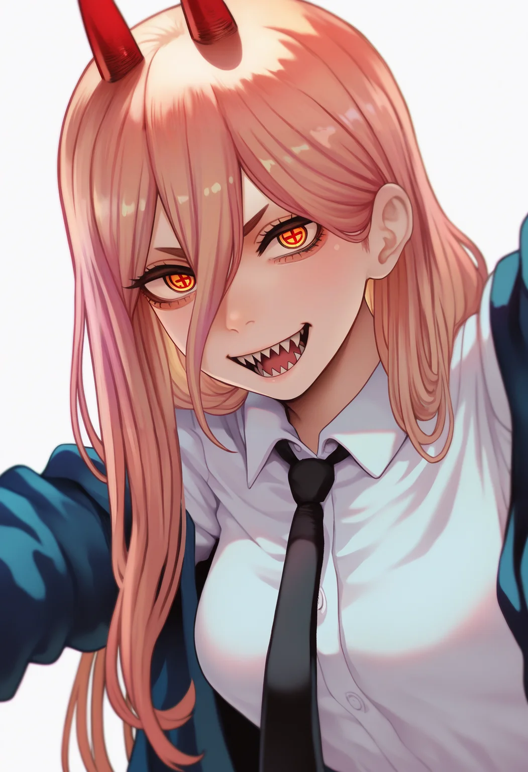 best quality, amazing quality, very aesthetic, absurdres,
BREAK
1girl, power \(chainsaw man\), pink hair, blonde hair, red horns, red eyes, cross-shaped pupils, long hair, sharp teeth, hair between eyes, symbol-shaped pupils,
collared shirt, black necktie, long sleeves,
looking at viewer, white shirt, open mouth,
simple background, white background, smile, upper body, <lora:Magion02NoobLocon_byKonan:1>