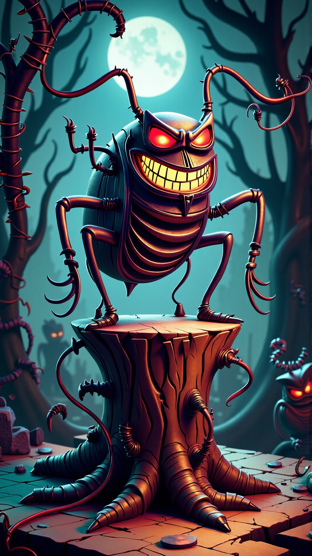 An image of a villainous item: A cartoonish, nefarious insect creature stands atop a twisted, gnarled tree stump in the heart of a dark, foreboding forest. This malevolent insect, a beetle with an air of villainy, has a menacing smirk etched into its exoskeleton. Its elytra, a deep, ominous black, curve upwards into a wicked grin, giving the impression of maniacal laughter. The beetle's body is a dark, metallic sheen, reflecting the faint moonlight that filters through the twisted branches above.
Its beady, glowing red eyes seem to gleam with wicked intent, as if plotting the downfall of its next victim. The beetle's mandibles are razor-sharp, and its long, spindly legs appear to be poised, ready to spring into action at a moment's notice.
The tree stump upon which the beetle stands is twisted and gnarled, its bark rough and cracked with age. The air is thick with the scent of decay and corruption, and the only sound is the distant, mournful hooting of an owl. The forest floor around the stump is a tangle of dark, thorny undergrowth, casting long, ominous shadows in the faint moonlight.
In the distance, a full moon hangs low in the sky, casting an eerie, malevolent glow over the entire scene. The atmosphere is heavy with foreboding, as if the very presence of this villainous insect is enough to draw all the joy and light out of the world.<lora:VillainousStyleFlux:1>