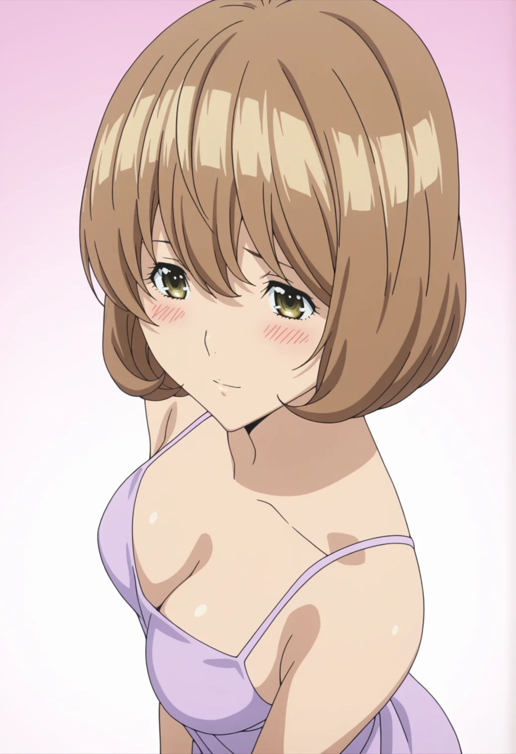 masterpiece, best quality, amazing quality, anime screencap, 1girl, <lora:DX888YurikoIL:1> aoki yuriko, bob cut, light brown hair, yellow eyes, light smile, blush, backless dress BREAK white background gradient background, BREAK from above,
contrapposto,