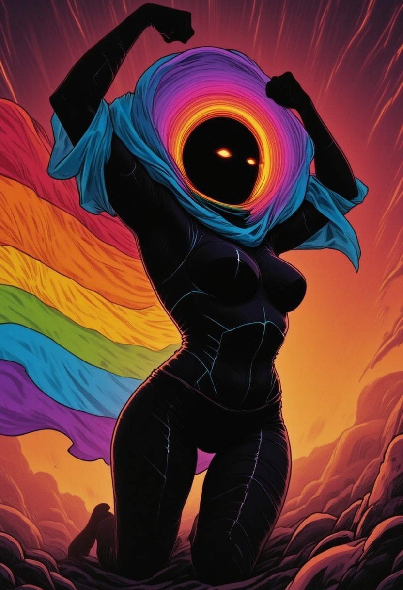 m100-style, a muscular woman with a Planet hat, juicy, deep blacks, charming mysterious, billowing translucent Rainbow colored cape, flexing, Action Pose kneeling,
