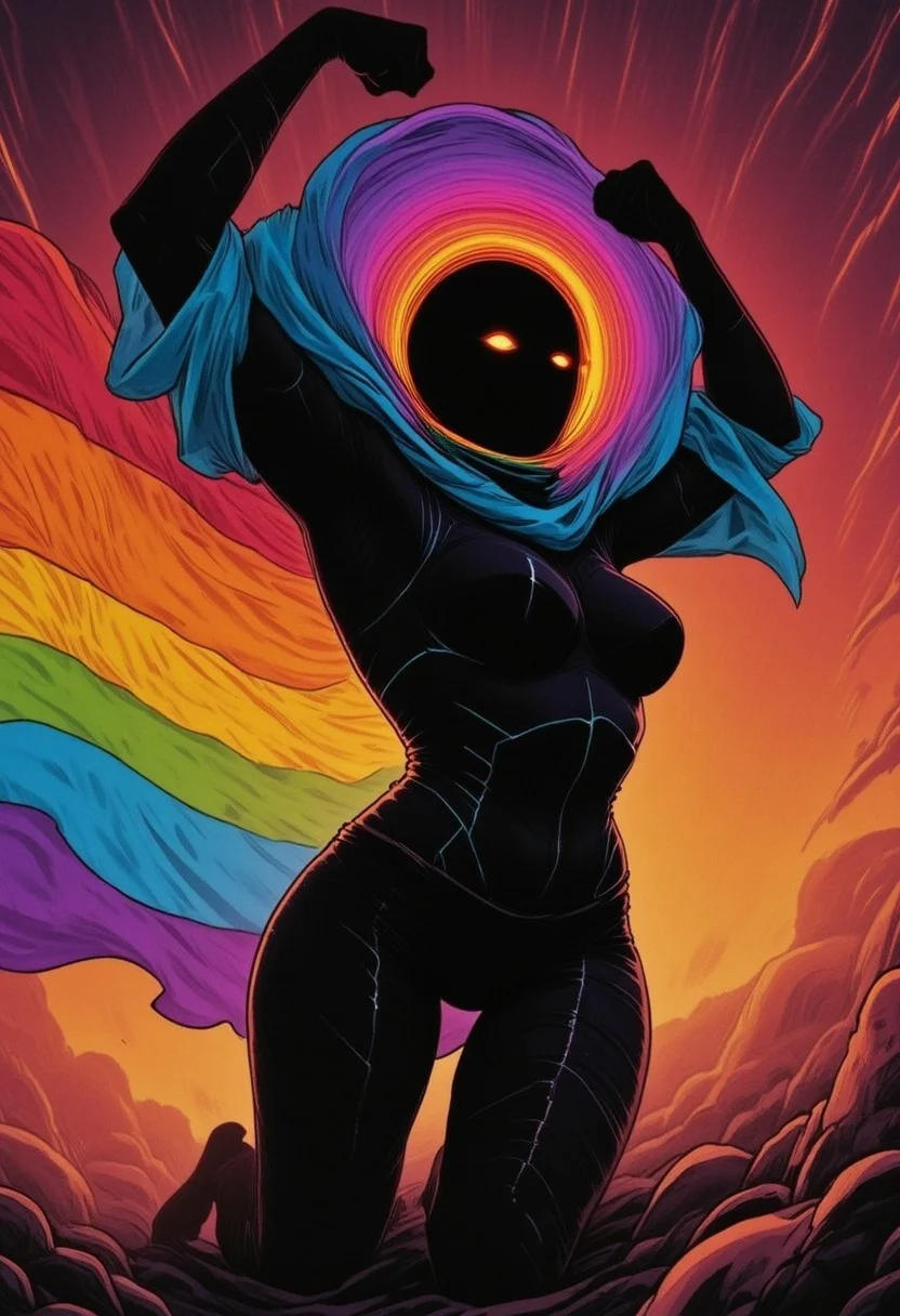m100-style, a muscular woman with a Planet hat, juicy, deep blacks, charming mysterious, billowing translucent Rainbow colored cape, flexing, Action Pose kneeling,