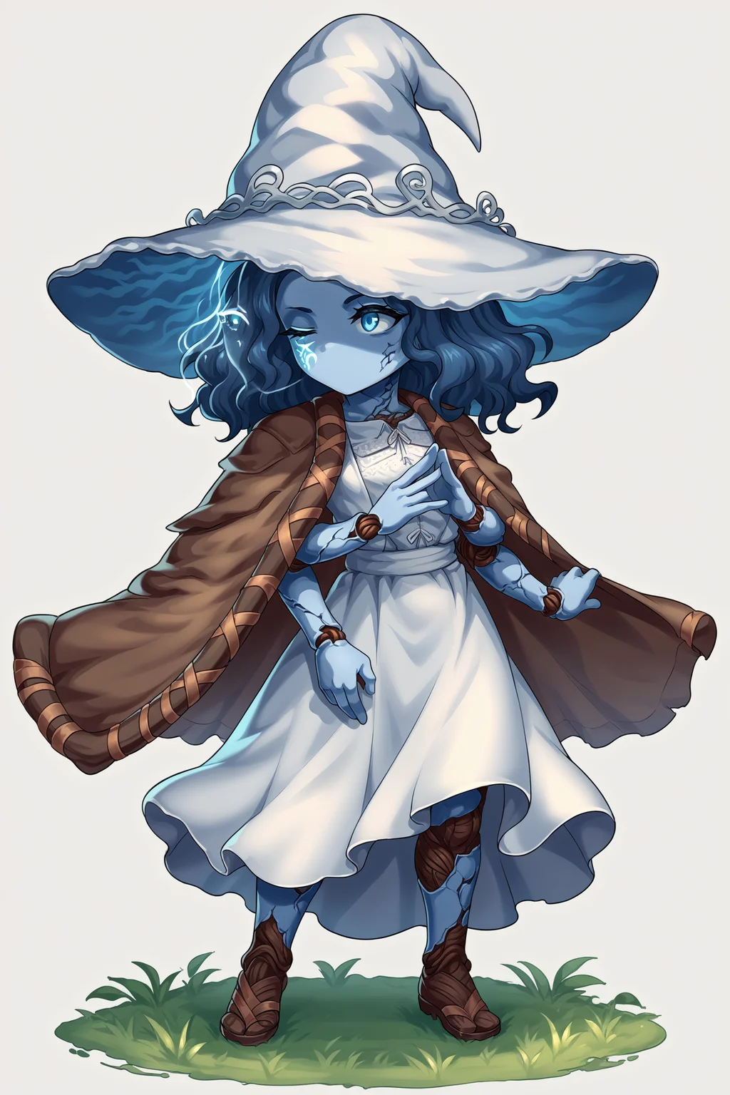 score_9, score_8_up, score_7_up, , rating_explicit,nsfw,1girl ,IncrsXLRanni, wavy hair, cracked skin, blue skin, colored skin, extra arms, extra faces, doll joints, source_anime, white dress, witch hat, brown cloak, <lora:Ranni_XLPD_CAME:1>, <lora:BraveFrontierPDCAME PixelArt:1>, pixel art, 2d, full portrait, simple background, white background, chibi, no mouth