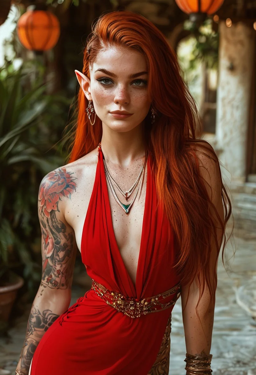 score_9, score_8_up, score_7_up, 1girl, elf woman, 30 years old, ((tall)), narrow hips, small ass, strong, muscular shoulders and arms, legs, tanned, toned, average breasts, pretty face, makeup, eyeliner, long hair with shaved side, redhead, horny, seductive, sexy smirk, (((freckles))), tattoos, skimpy red dress, jewellery,
looking at viewer