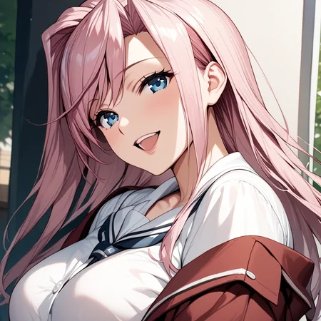 charlotte_hazelrink, 1girl, solo, pink hair, blue eyes, smile, large breasts, school uniform, white shirt, red jacket, portrait, close up, open mouth, <lora:Charlotte_Hazelrink:1>, (masterpiece),(best quality),(ultra-detailed),(best illustration),(best shadow),(absurdres),(detailed background),(very aesthetic),