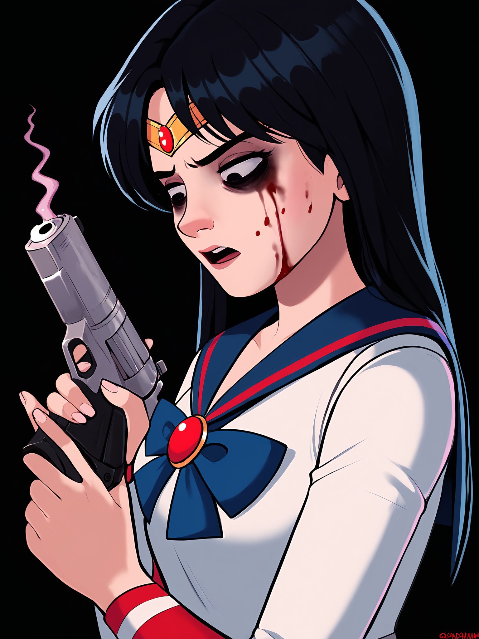 score_9, score_8_up, score_7_up, score_6_up, score_5_up, score_4_up, rating_safe
BREAK
sailor mars, circlet, black hair, black eyes, looking away, tired, half-closed eyes, bags under eyes, sigh, open mouth, looking down, blood on face, blood splatter,
BREAK
solo, portrait, magical girl, red serafuku, from side, (holding gun, handgun:1.2), blood on weapon,
BREAK
black background, <lora:Lunas-Shadbase-SDXL-A1:1>