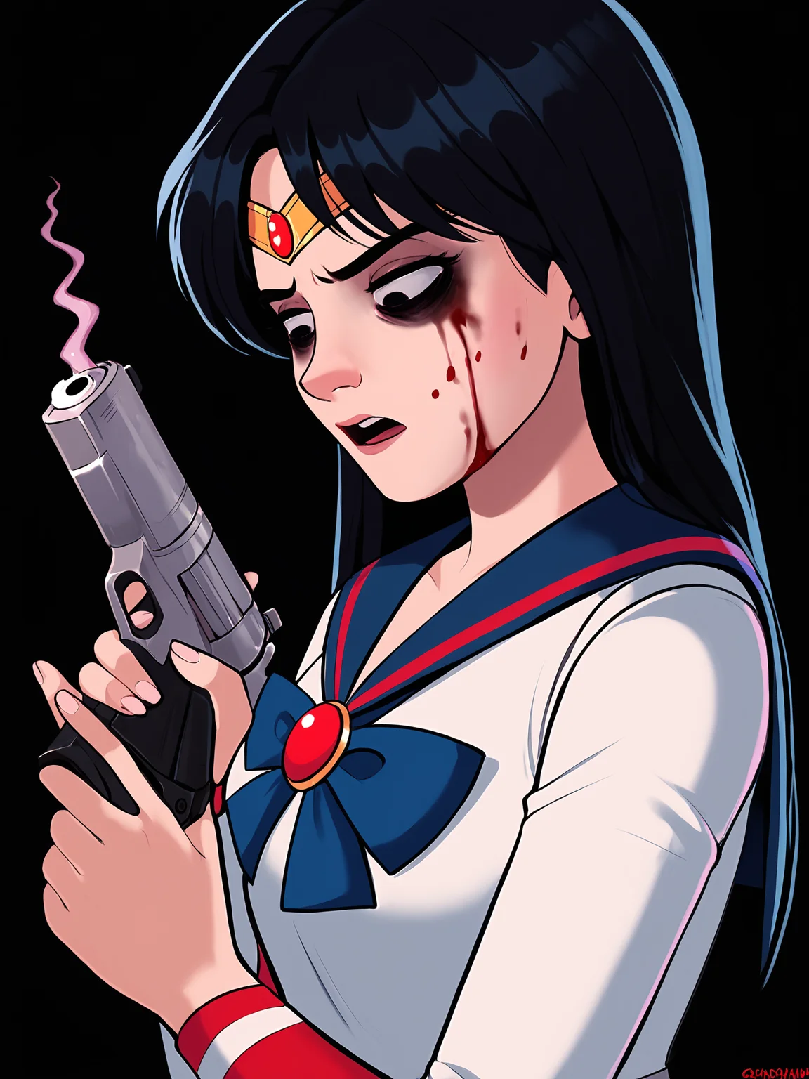 score_9, score_8_up, score_7_up, score_6_up, score_5_up, score_4_up, rating_safe
BREAK
sailor mars, circlet, black hair, black eyes, looking away, tired, half-closed eyes, bags under eyes, sigh, open mouth, looking down, blood on face, blood splatter,
BREAK
solo, portrait, magical girl, red serafuku, from side, (holding gun, handgun:1.2), blood on weapon,
BREAK
black background, <lora:Lunas-Shadbase-SDXL-A1:1>