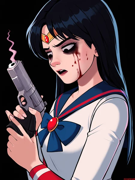 score_9, score_8_up, score_7_up, score_6_up, score_5_up, score_4_up, rating_safe
BREAK
sailor mars, circlet, black hair, black eyes, looking away, tired, half-closed eyes, bags under eyes, sigh, open mouth, looking down, blood on face, blood splatter,
BREAK
solo, portrait, magical girl, red serafuku, from side, (holding gun, handgun:1.2), blood on weapon,
BREAK
black background, <lora:Lunas-Shadbase-SDXL-A1:1>