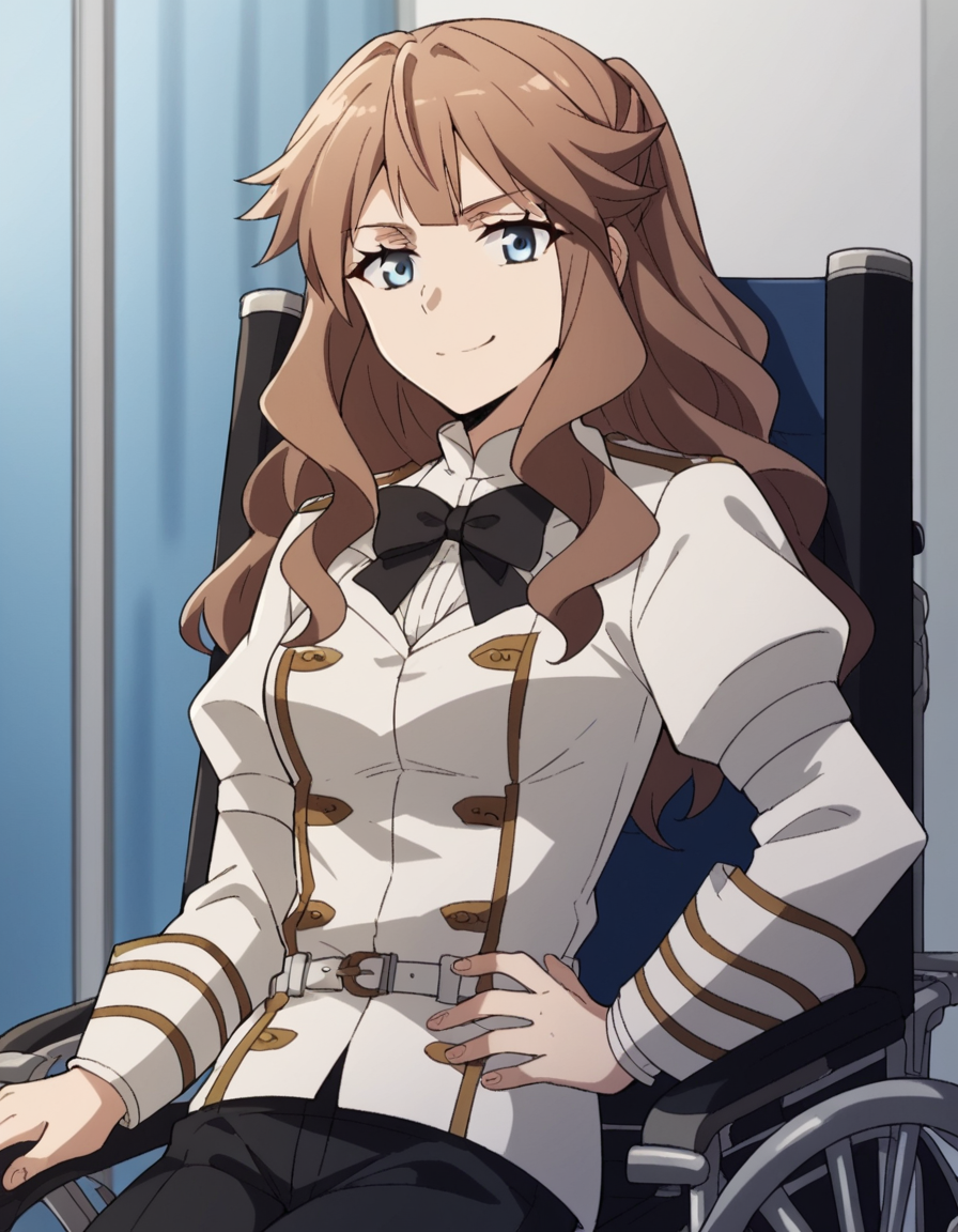 score_9, score_8_up, score_7_up, source_anime, <lora:fiore-forvedge-yggmillenia-apocrypha-s1-ponyxl-lora-nochekaiser:1>, fiore forvedge yggdmillennia, long hair, blue eyes, brown hair, sidelocks, medium breasts,, long sleeves, bow, pants, bowtie, uniform, black bow, chair, black pants, white jacket, wheelchair, airport, waiting area, suitcase, flight delayed, passengers, reading book, smile, smug, hand on hips,, looking at viewer, solo,, dutch angle, cowboy shot