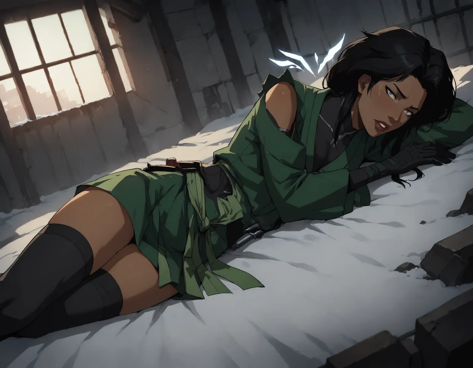 score_9, score_8_up, score_7_up, face focus, extreme closeup, detailed face, 1girl, woman, a mature female, (tall slim athletic female:1.3), skinny, dark-skinned female, black hair, (Lying on the back, pretending to make a snow angel),
gloves, thighhighs, japanese clothes, black gloves, black thighhighs, green kimono, bodysuit, belt,
(abandoned warehouse, industrial),
ch3shire,
<lora:ch3shire:1>,
<lora:Blacklight_XL:0.5> blacklight,
<lora:- SDXL - vanta-black_contrast_V3.0:0.5>,
<lora:Concept Art DarkSide Style LoRA_Pony XL v6:0.5>, low light,